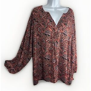 T Tahari Plus 3X Floral Paisley Tunic Blouse | Coral Orange Boho Balloon Sleeve